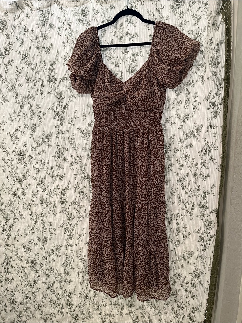 Trixxi Brown Floral Puff-Sleeve Midi Dress
